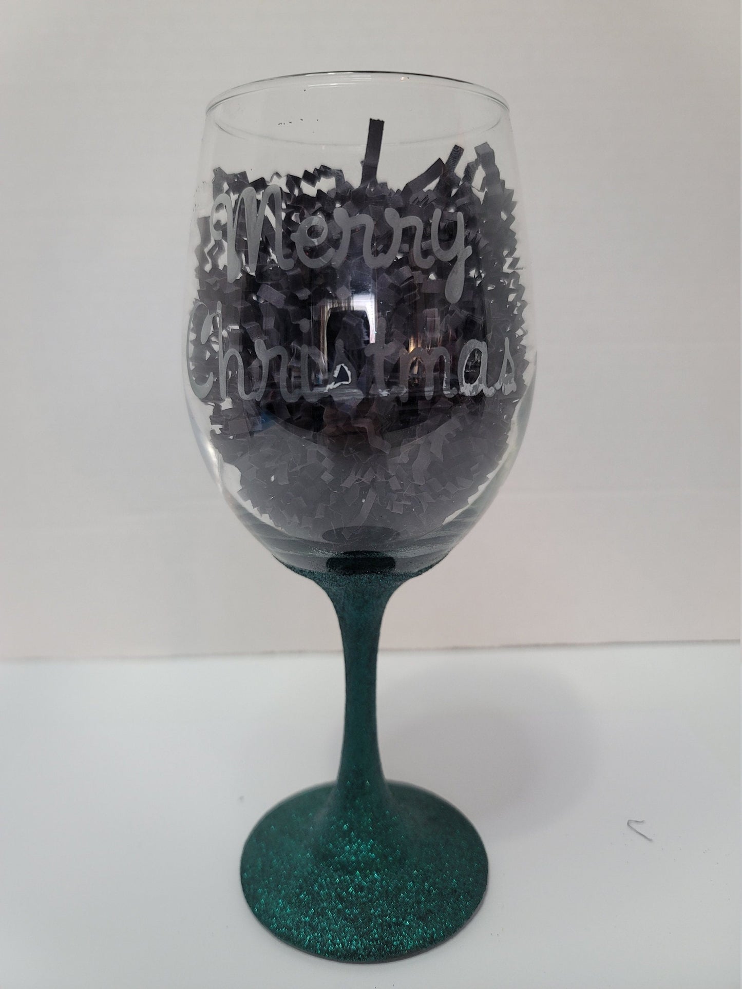 Set of 2 Dark Green Glitter Etched Wine Glasses