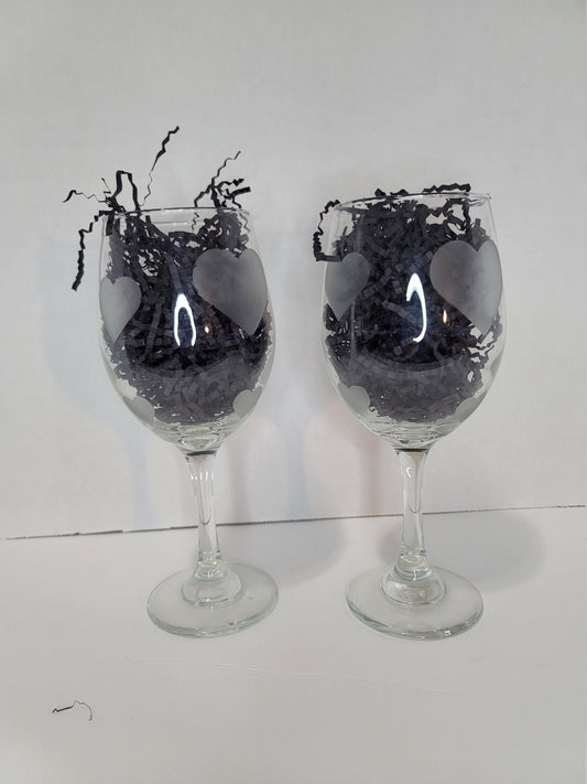 Set of 2 Heart Etched Wine Glasses.