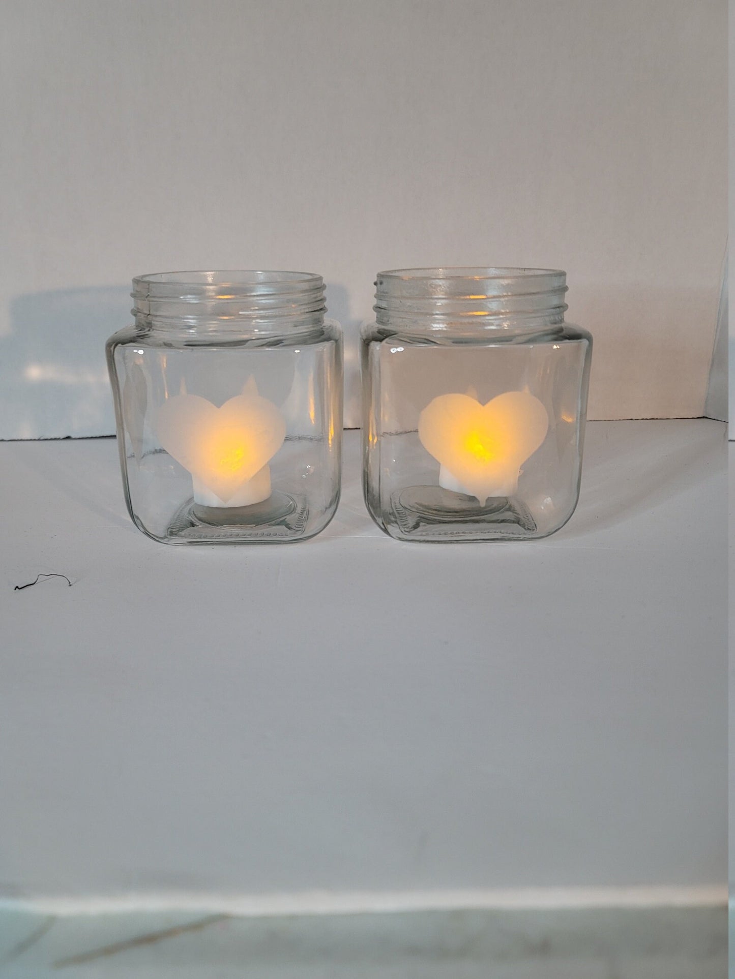 Set of 2 Heart Etched Glass Jars/ Candle Holder