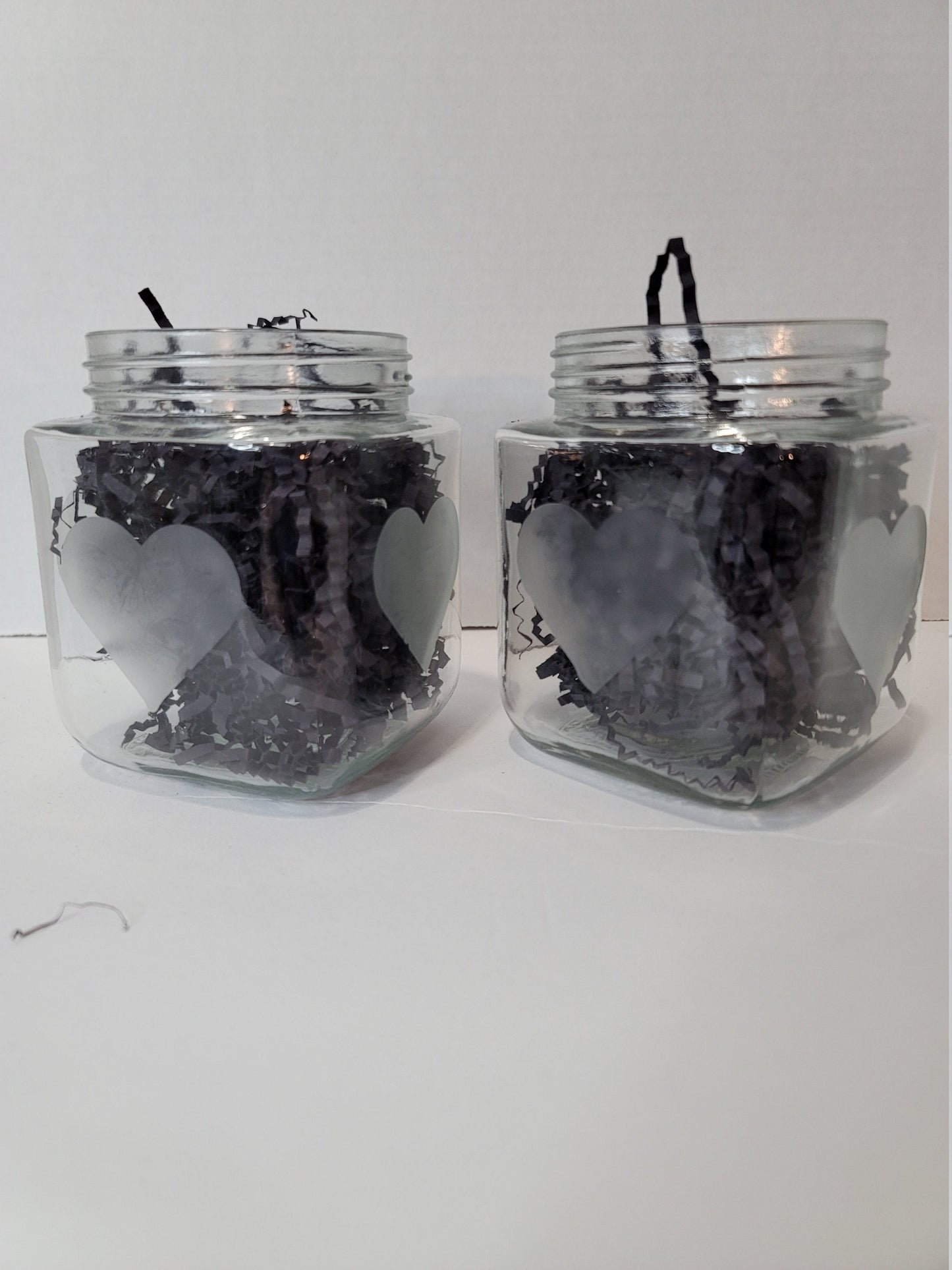 Set of 2 Heart Etched Glass Jars/ Candle Holder